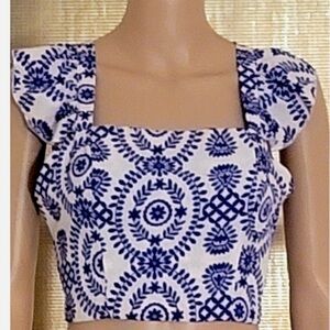 SHEIN Blue and White Leaf Print Blouse